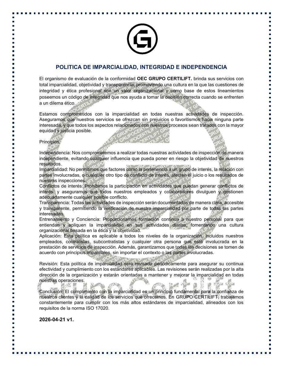 Política de Grupo Certilift, página 1 de 4